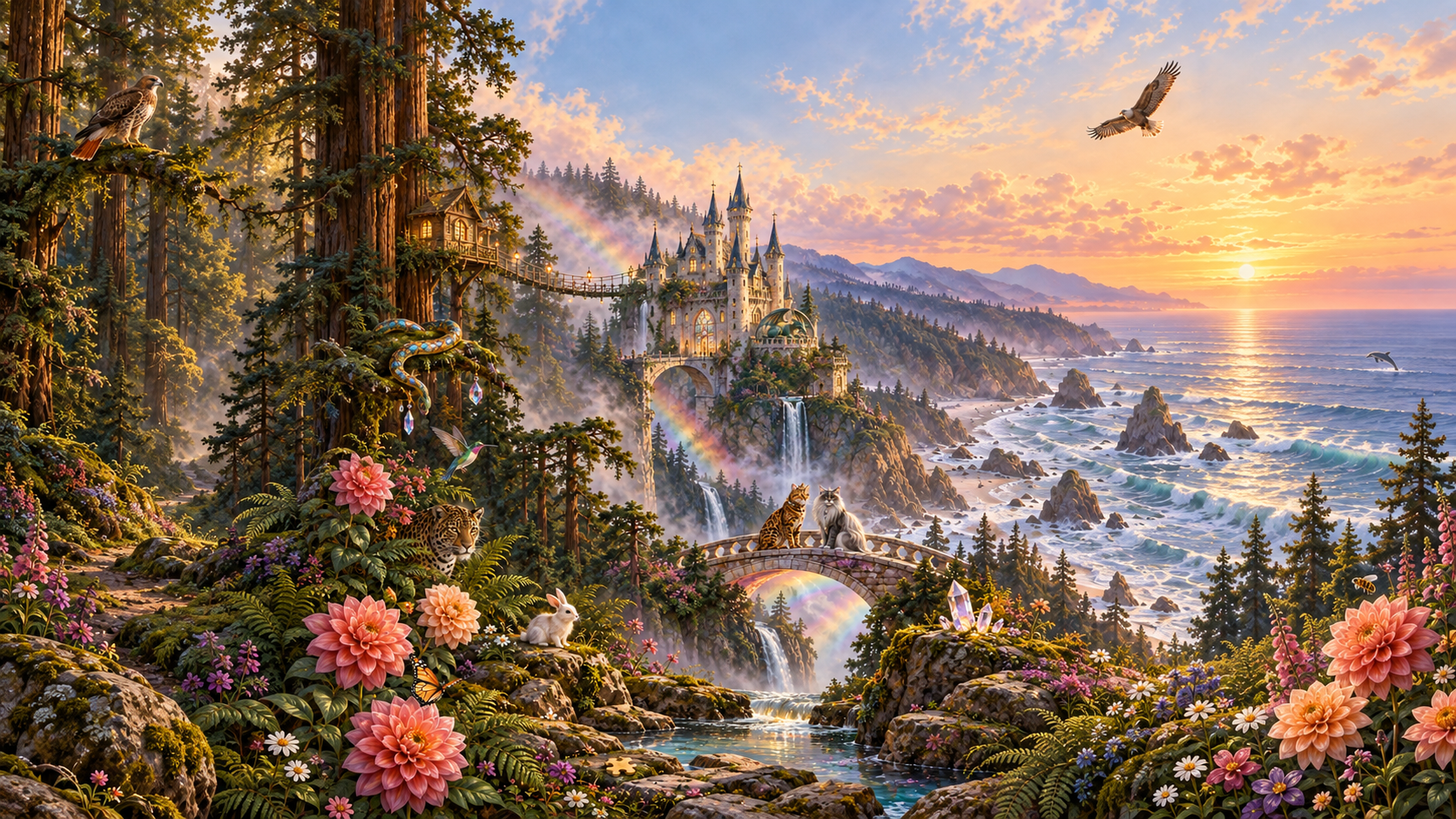 An imagined world of redwoods, a coastal castle, bridge, waterfalls, rainbow light, and beloved animals